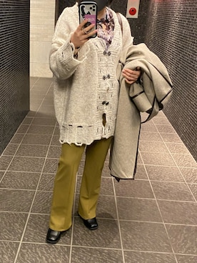 「ニットカーディガン」｜「アイテム（ノーカラーコート）」を使った、ばたさん（レディース・151cm）の冬コーディネート