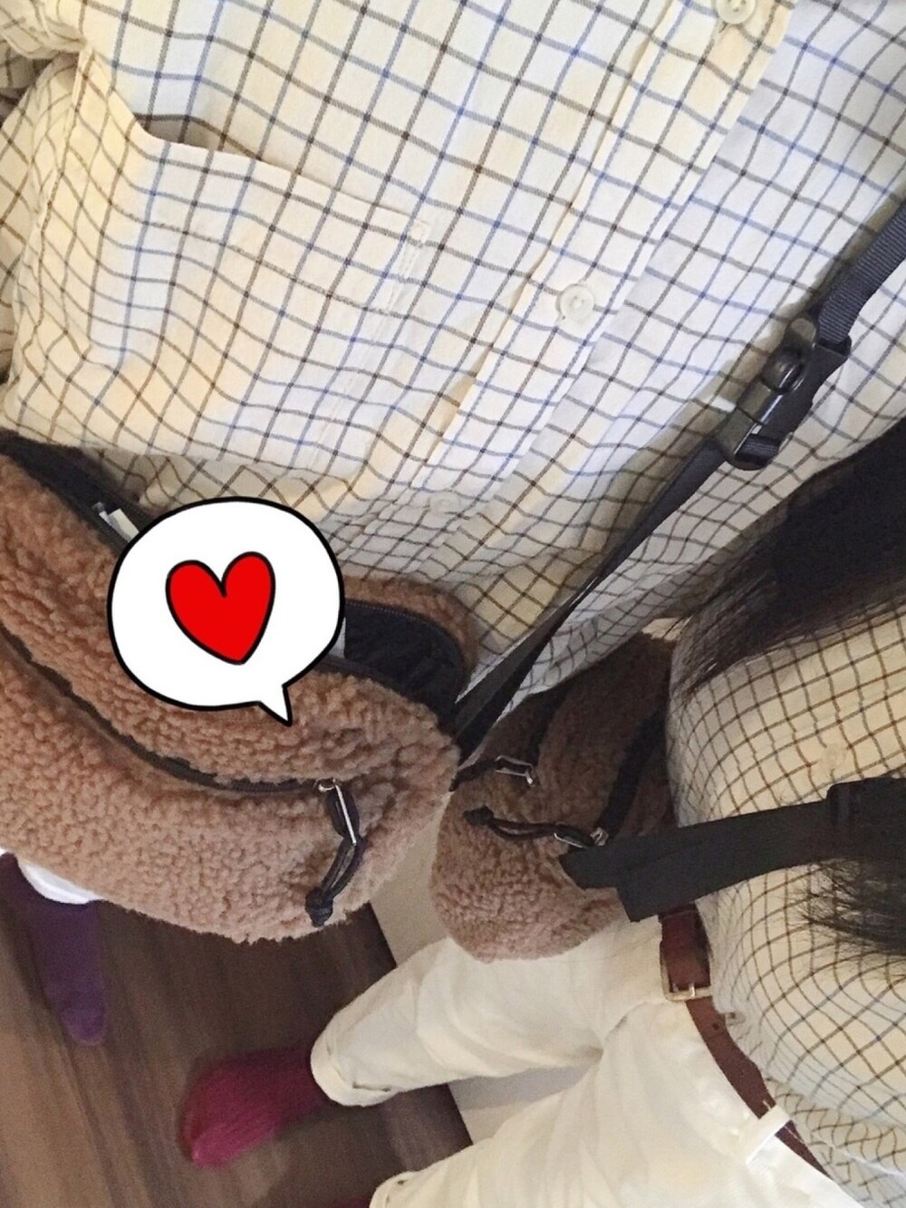 「秋コーデ、おそろいコーデ、プチプラコーデ、ディズニーコーデ、チェック、チェックシャツ、UNIQLO、Samansa Mos2 blue」｜「UNIQLOのフランネルチェックシャツ（ボタンダウン・長袖）（シャツ/ブラウス、ベージュ系）」を使った、Sayu。さん（レディース・158cm）の秋コーディネートの1枚目の写真