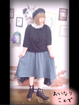 「GU（ジーユー）のアイテム（Tシャツ/カットソー、ブラック系）」を使った、とっとこなな太郎さん（レディース・155cm）の夏コーディネート