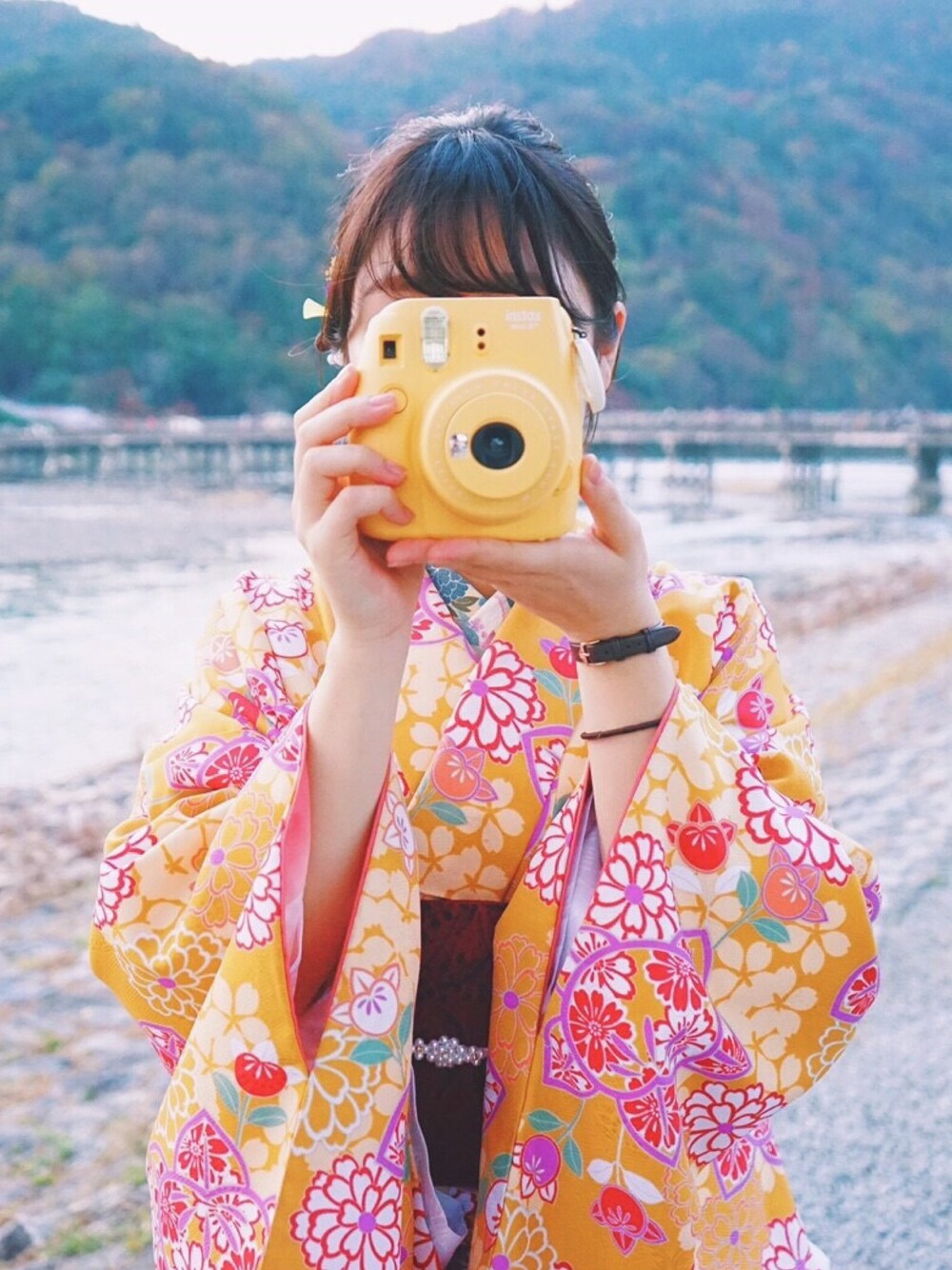 「京都、着物、秋のコーデ、紅葉」｜「あかひめのアイテム（浴衣、イエロー系）」を使った、ぷちこさん（レディース・148cm）の秋コーディネートの1枚目の写真