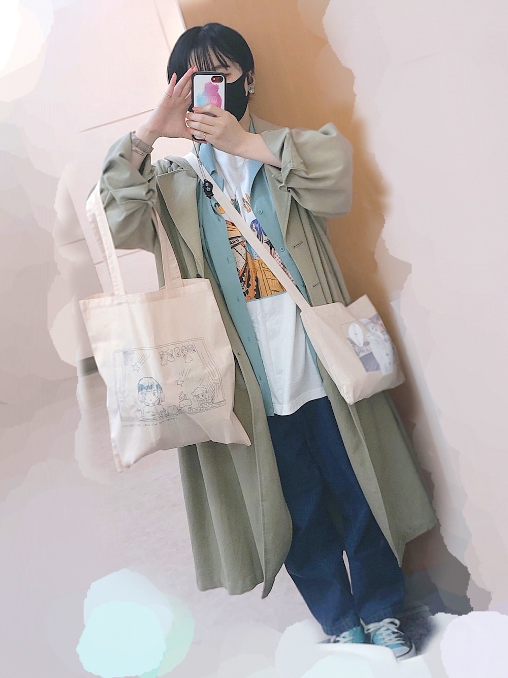 「ゆるコーデ、根本凪、推し色コーデ、推しグッズ、推し、グッズTシャツ、グッズ、大切にします！、ミントグリーン、カジュアル」｜「WEGOのWEGO/ドロップショルダーオープンカラー半袖シャツ（シャツ/ブラウス、グリーン系）」を使った、たこすさん（レディース・156cm）の春コーディネートの1枚目の写真