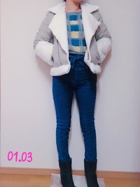 「PAGEBOY（ページボーイ）のアイテム（ライダースジャケット）」を使った、ellyさん（レディース・158cm）の冬コーディネート