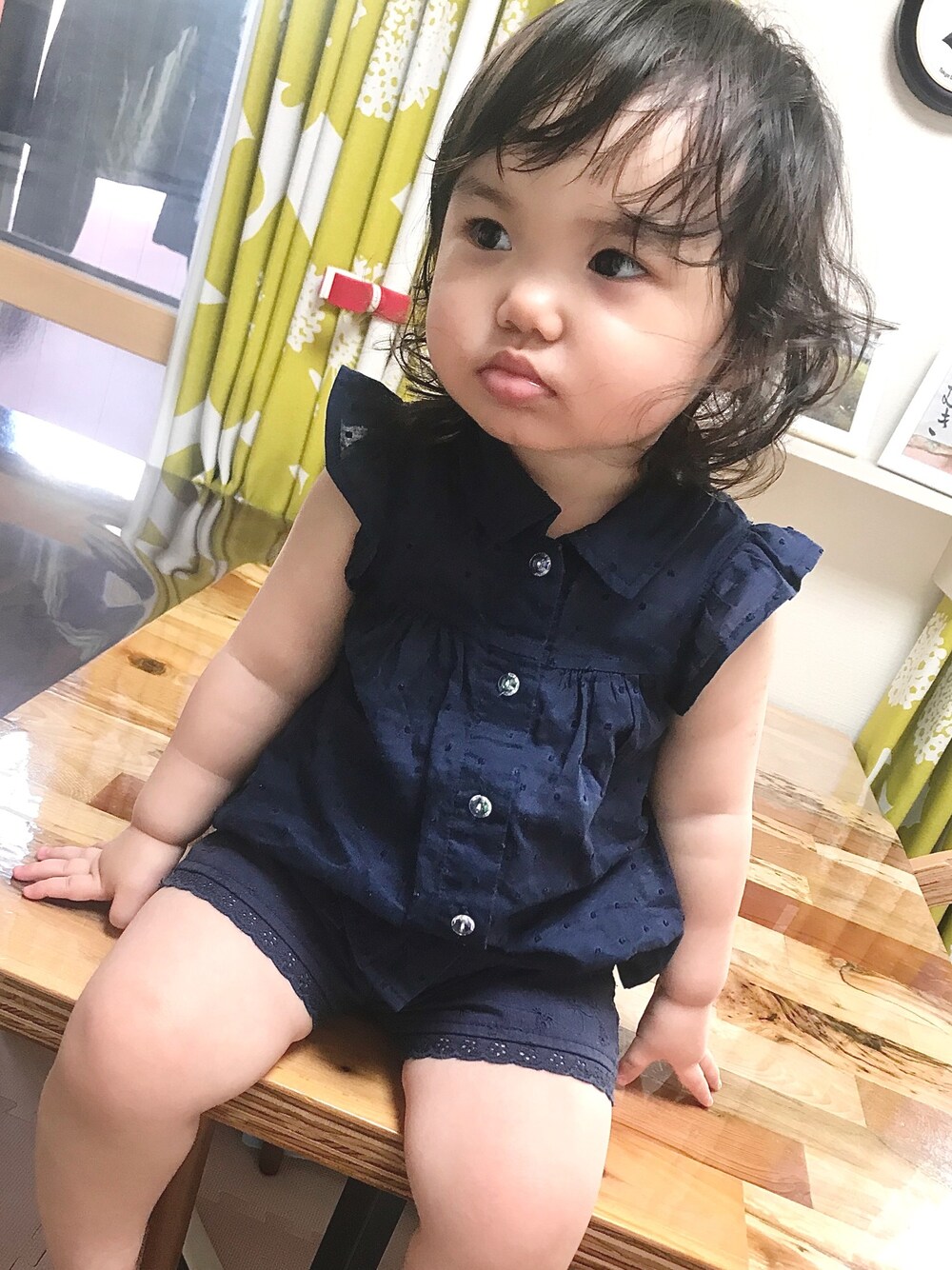 「1歳」｜「西松屋のアイテム（ワンピース/ドレス、ブルー系）」を使った、cocodesgraceさん（キッズ・80cm）の春コーディネートの1枚目の写真