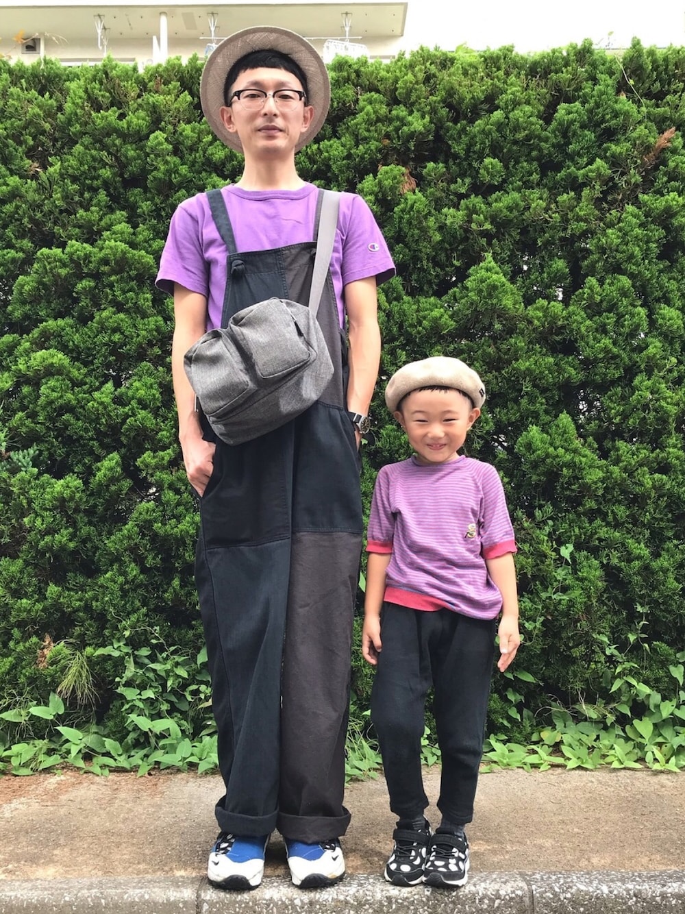 「親子コーデ、男の子コーデ、サマーニット、ボーダー、サルエルパンツ、水玉、ベレー帽、リンクコーデ」｜「quoti use fithのコットンニットベレーボウ（ハンチング/ベレー帽、ベージュ系）」を使った、ちーばちゃんさん（キッズ・100cm）の秋コーディネートの1枚目の写真