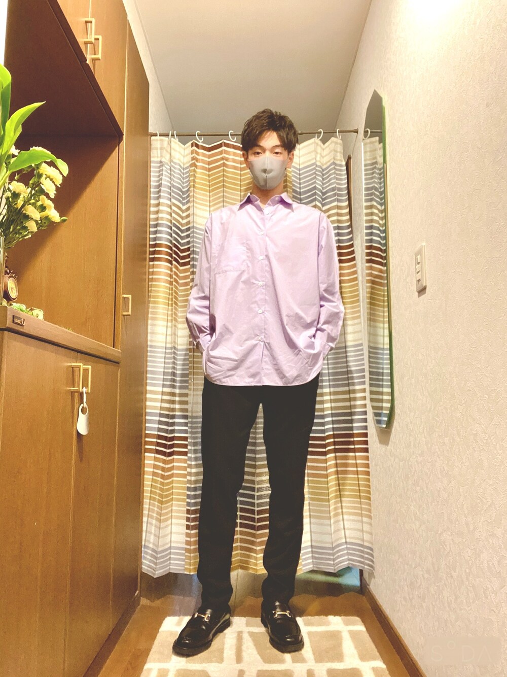 「春コーデ、カラーシャツ、シンプルコーデ」｜「GUのアイテム（シャツ/ブラウス、パープル系）」を使った、nagitoさん（メンズ・183cm）の春コーディネートの1枚目の写真