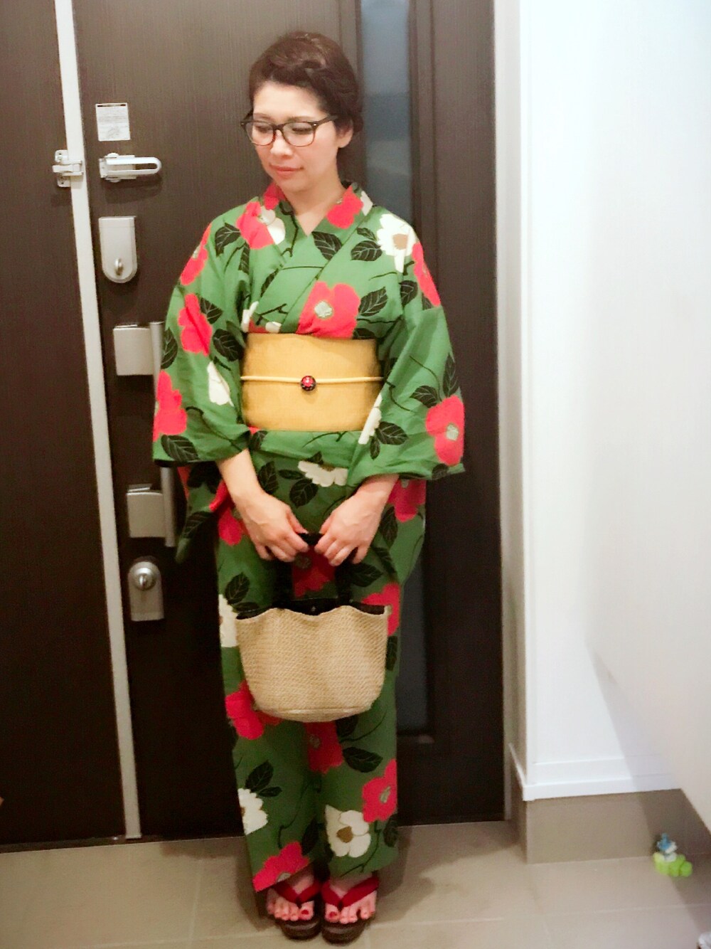 「浴衣、お祭り、ママコーデ、夏、古着」｜「古着のアイテム（浴衣、グリーン系）」を使った、halさん（レディース・163cm）の夏コーディネートの1枚目の写真