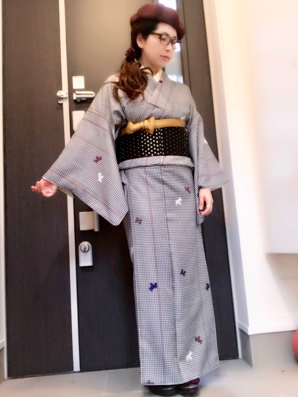 「プチプラコーデ、大人ガーリー、あけましておめでとうございます！、着物、犬、リボン、ベレー帽」｜「福袋のアイテム（浴衣、その他）」を使った、halさん（レディース・163cm）の冬コーディネートの1枚目の写真