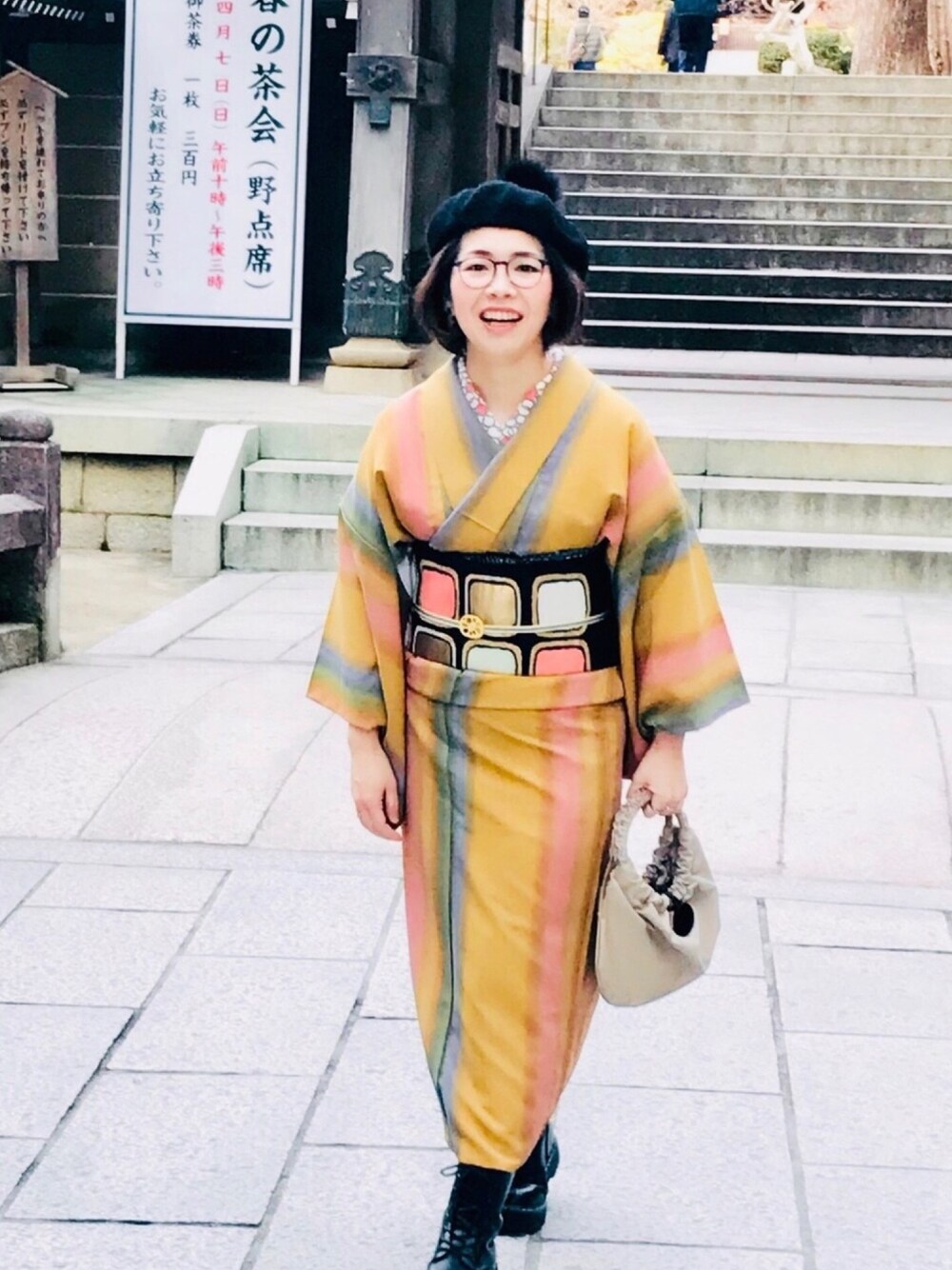 「春、大人コーデ、着物、着物コーデ、春コーデ、お参り、ベレー帽」｜「H&Mのアイテム（ハンチング/ベレー帽、ブラック系）」を使った、halさん（レディース・163cm）の春コーディネートの1枚目の写真