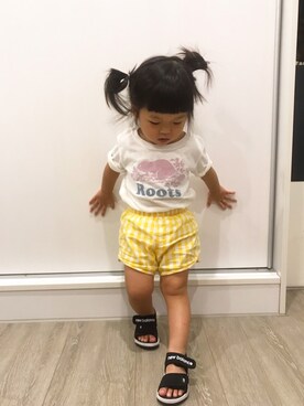 「アイテム（カーゴパンツ、イエロー系）」を使った、🍔漢堡姐妹👭さん（キッズ・80cm）の秋コーディネート