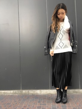 「ROYAL FLASH（ロイヤルフラッシュ）のアイテム（ライダースジャケット）」を使った、runaさん（レディース・158cm）の冬コーディネート