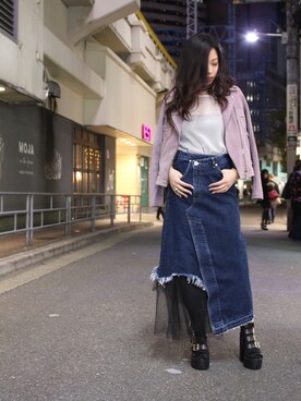 「AULA」｜「アイテム（ライダースジャケット）」を使った、runaさん（レディース・159cm）の冬コーディネート