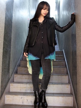 「KMRii」｜「アイテム（ライダースジャケット）」を使った、runaさん（レディース・159cm）の冬コーディネート