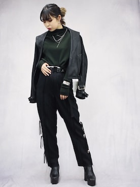 「リブニット」｜「アイテム（ライダースジャケット）」を使った、runaさん（レディース・159cm）の秋コーディネート