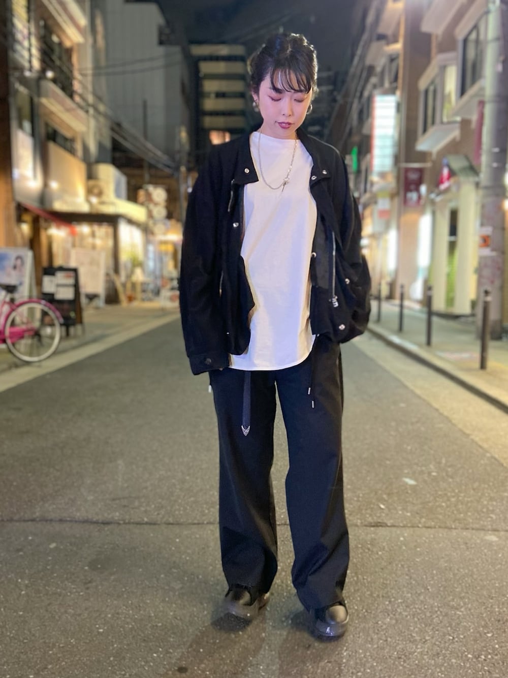 「大人カジュアル、BED J.W. FORD、休日コーデ、パンツスタイル、ワイドパンツ、Justine Clenquet、シンプル、モノトーン、grounds、ファッションの力を信じよう」｜「BED J.W. FORDのアイテム（ジャケット/アウター、ブラック系）」を使った、runaさん（レディース・159cm）の冬コーディネートの1枚目の写真