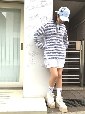 「L.H.P（エルエイチピー）のアイテム（キャップ）」を使った、Hikaru Shimizuさん（レディース・165cm）の春コーディネート