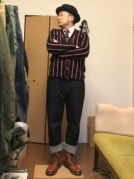 「TENDER（テンダー）のアイテム（パンツ）」を使った、ikutaroさん（メンズ・177cm）の冬コーディネート
