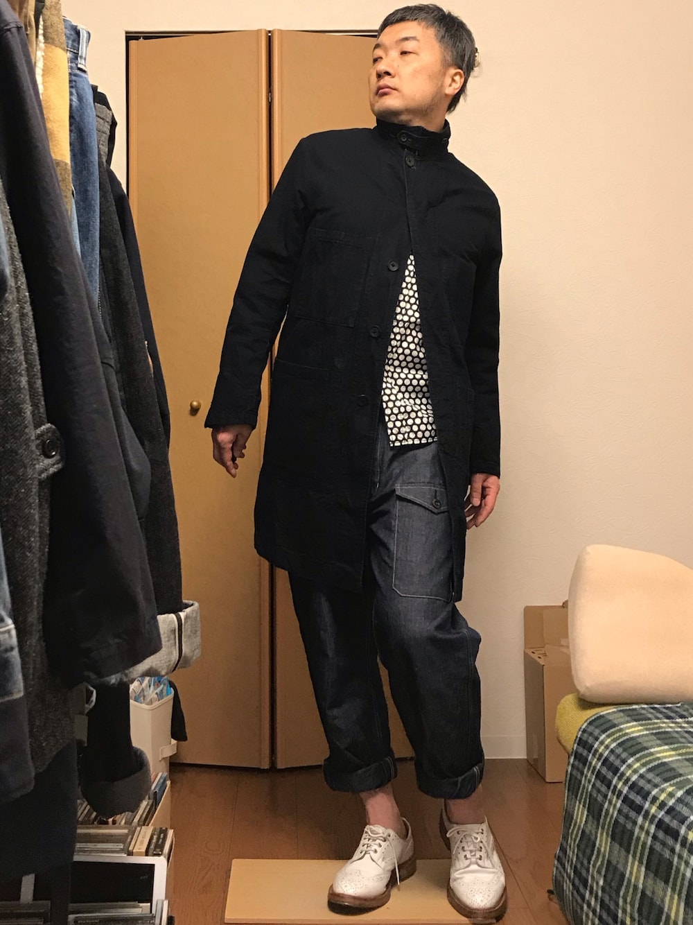 「45Rのアイテム（ジャケット/アウター、ブルー系）」を使った、ikutaroさん（メンズ・177cm）の春コーディネートの1枚目の写真