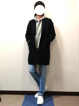 「MONO-MART（モノマート）のシャギーメルトンチェスターコート18AW(MONO-MART)（チェスターコート、ブルー系）」を使った、WRさん（メンズ）の冬コーディネート