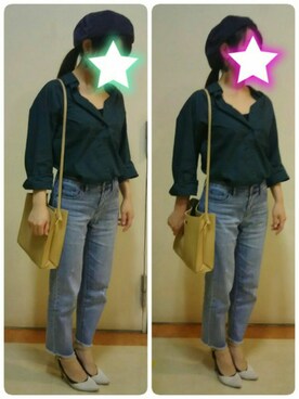 「GU（ジーユー）のシャツ（シャツ/ブラウス、グリーン系）」を使った、みみみさん（レディース・154cm）の秋コーディネート