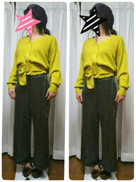 「GU（ジーユー）のベロアワイドパンツ（その他パンツ、グリーン系）」を使った、みみみさん（レディース・154cm）の秋コーディネート