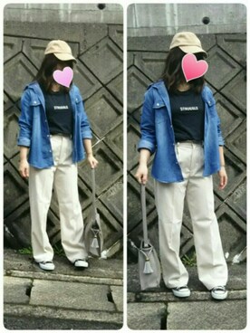 「AZUL by moussy（アズールバイマウジー）のコーデュロイワイドパンツ（その他パンツ、ベージュ系）」を使った、みみみさん（レディース・154cm）の秋コーディネート