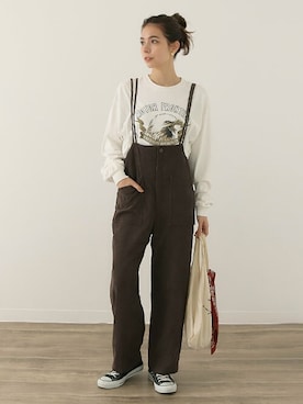 「Factor=（ファクターイコール）のアイテム（オールインワン・サロペット）」を使った、Factor= modelさん（レディース・164cm）の冬コーディネート