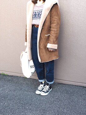 「Another Edition（アナザーエディション）のアイテム（ムートンコート）」を使った、あかねさん（レディース・154cm）の冬コーディネート