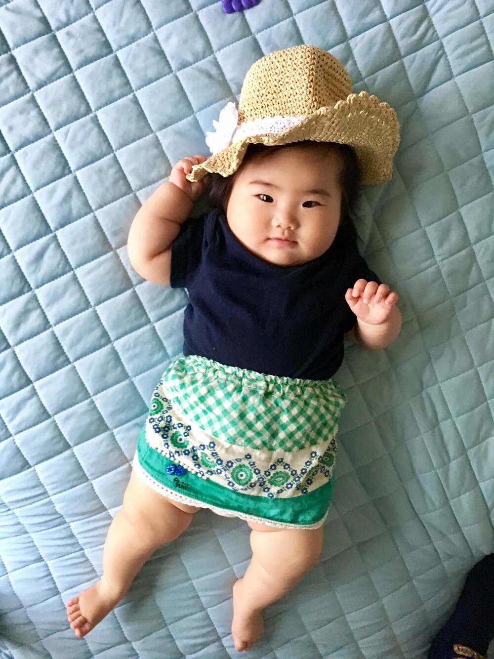 「ぶどう、60、70、80、プチジャム、半袖、夏、GAP」｜「babyGAPのアイテム（ママ＆ベビー、ブルー系）」を使った、kn5mkさん（キッズ・70cm）の夏コーディネートの1枚目の写真
