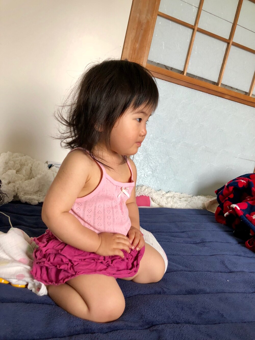 「キャミソール、80cm、90cm、キッズコーデ、ベビーコーデ、ピンク、フリル、おんなのこ」｜「西松屋のアイテム（トップス、ピンク系）」を使った、kn5mkさん（キッズ・80cm）の夏コーディネートの1枚目の写真