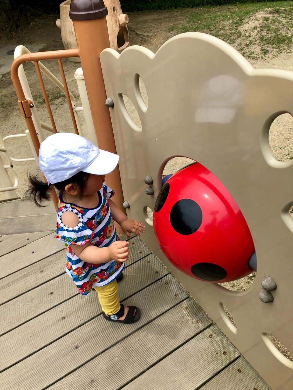 「公園、80cm、90cm、キッズコーデ、おんなのこ、カジュアルコーデ、キャップ、白、オフショルダー、ベビーコーデ」｜「H&Mのアイテム（帽子、ホワイト系）」を使った、kn5mkさん（キッズ・80cm）の夏コーディネートの1枚目の写真