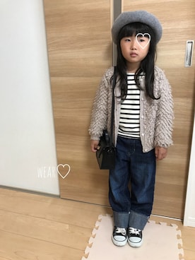 「無印良品（ムジルシリョウヒン）のアイテム（Tシャツ/カットソー、ホワイト系）」を使った、Rin♡さん（キッズ・110cm）の秋コーディネート