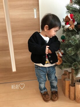 「CIAOPANIC TYPY（チャオパニックティピー）の【ママとお揃い】ボアカーディガン（カーディガン/ボレロ、ブラック系）」を使った、Rin♡さん（キッズ・110cm）の冬コーディネート