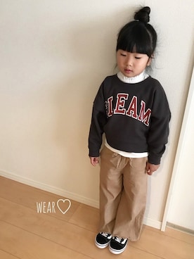 「GLOBAL WORK（グローバルワーク）の【キッズ】タンタケプリントスウェットプルオーバー/767479（スウェット、ブラック系）」を使った、Rin♡さん（キッズ・110cm）の冬コーディネート