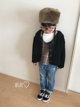 「CIAOPANIC TYPY（チャオパニックティピー）の【ママとお揃い】ボアカーディガン（カーディガン/ボレロ、ブラック系）」を使った、Rin♡さん（キッズ・110cm）の冬コーディネート