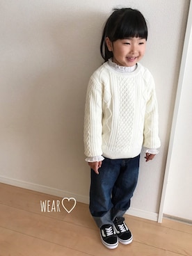 「GLOBAL WORK（グローバルワーク）の【キッズ】アラエルケーブルニットプルオーバー17/762104（ニット/セーター、ホワイト系）」を使った、Rin♡さん（キッズ・110cm）の冬コーディネート