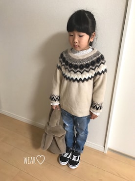 「CIAOPANIC TYPY（チャオパニックティピー）の【ファミリーお揃い】フェザージャガードニット（ニット/セーター、ベージュ系）」を使った、Rin♡さん（キッズ・110cm）の冬コーディネート