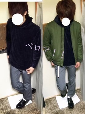 「ベロア」｜「アイテム（MA-1）」を使った、ふわってぃーさん（メンズ・177cm）の冬コーディネート