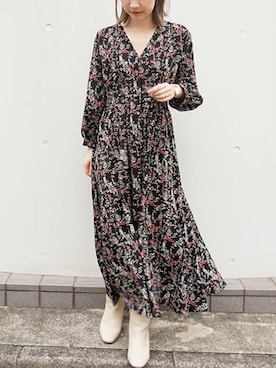 「フラワープリント」｜「アイテム（シャツワンピース）」を使った、fujiさん（レディース・154cm）の冬コーディネート