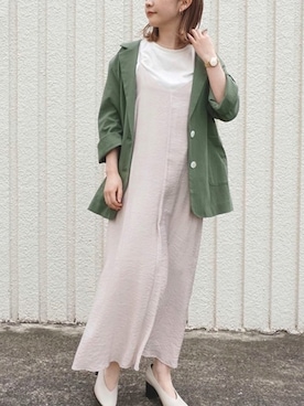 「麻ジャケット」｜「アイテム（ワンピース）」を使った、fujiさん（レディース・154cm）の春コーディネート
