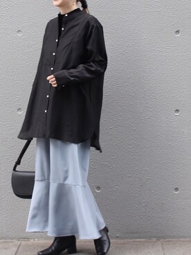 「ノーカラーシャツ」｜「アイテム（ワンピース/ドレス）」を使った、fujiさん（レディース・154cm）の冬コーディネート