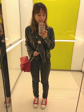 「MANGO（マンゴ）のアイテム（ライダースジャケット）」を使った、Aijimaly Tangさん（レディース・156cm）の春コーディネート