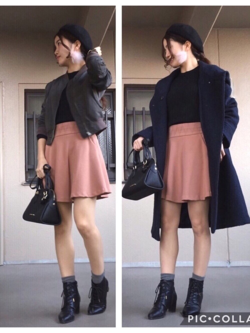 ブラック系のニット/セーター、ピンク系のスカート、グリーン系のブルゾンを着用したレディースの冬コーディネートの1枚目の写真