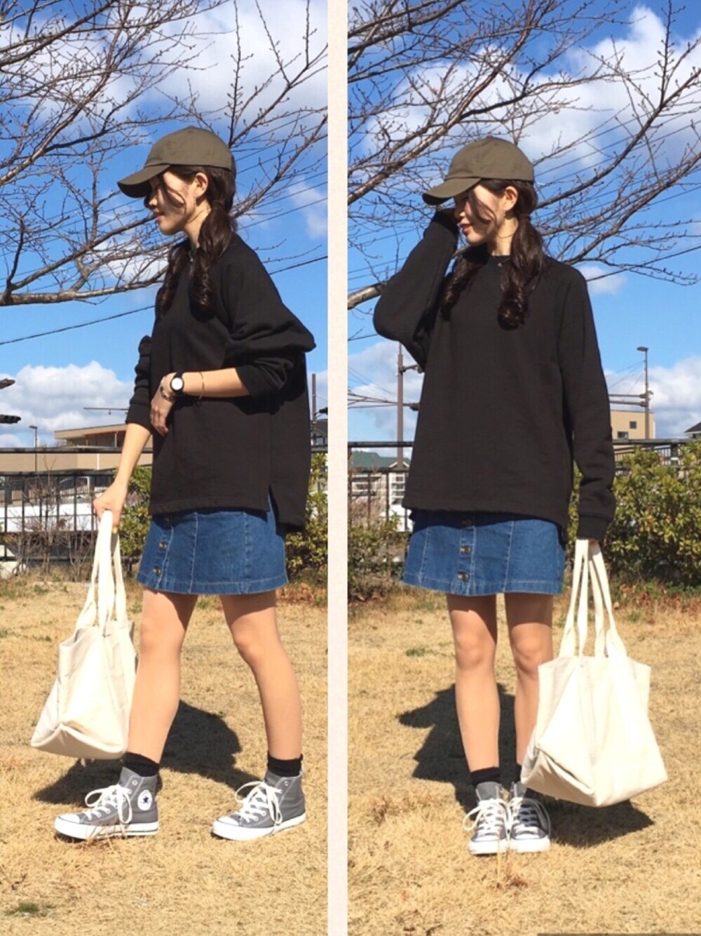 その他のデニムスカート、グレー系のスニーカー、ホワイト系のトートバッグを着用したレディースの春コーディネートの1枚目の写真