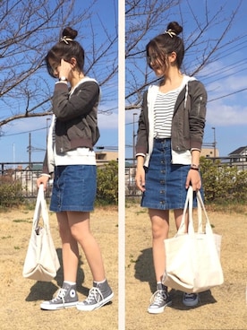「お団子ヘアー」｜「アイテム（パーカー、グレー系）」を使った、ずんさん（レディース・160cm）の春コーディネート