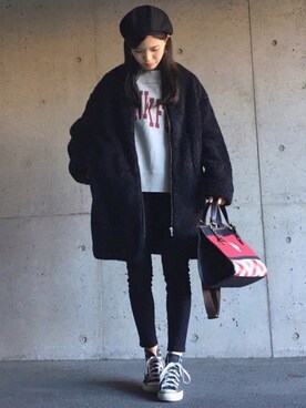 「赤チェック」｜「アイテム（ハンチング/ベレー帽）」を使った、ずんさん（レディース・161cm）の冬コーディネート