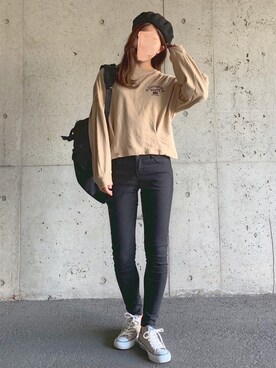 「ベージュ×ブラック」｜「アイテム（ハンチング/ベレー帽）」を使った、ずんさん（レディース・161cm）の秋コーディネート