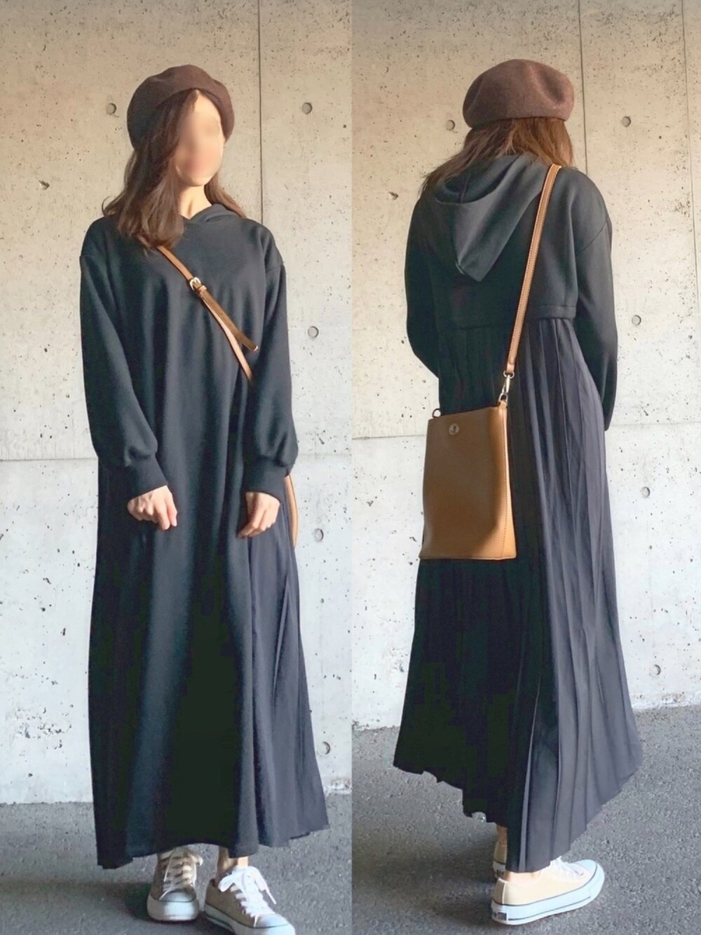 「秋のコーデ、ワンピース、ワンピース×スニーカー、ベレー帽、スニーカー、ラクチンコーデ、ロングワンピース、秋冬コーデ、バックプリーツ、アントマリーズ」｜「Aunt Marie'sのAUNT MARIE'S 裏起毛バックプリーツフーディーワンピース（ワンピース、ブラック系）」を使った、ずんさん（レディース・161cm）の秋コーディネートの1枚目の写真