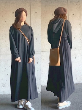 「ワンピース×スニーカー」｜「アイテム（ハンチング/ベレー帽）」を使った、ずんさん（レディース・161cm）の秋コーディネート