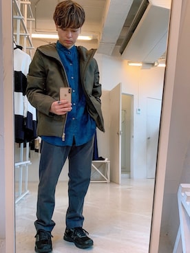 「STUDIOUS（ステュディオス）のアイテム（ダウンジャケット/コート）」を使った、ryotaさん（メンズ・160cm）の秋コーディネート