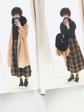 「AMERICAN HOLIC（アメリカンホリック）の・ツイル起毛ロングフレアスカート（スカート、ブラック系）」を使った、a_purple_45さん（レディース・166cm）の冬コーディネート